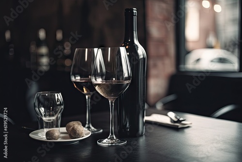 Restaurant background with two wine glasses and a wine bottle on table  copy space