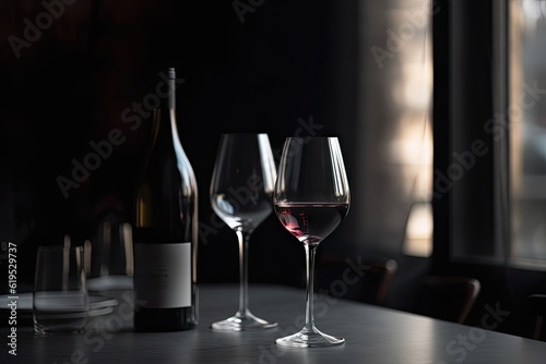 Restaurant background with two wine glasses and a wine bottle on table, copy space