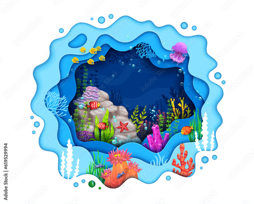 Cartoon sea paper cut underwater landscape with fish shoal and seaweeds ...