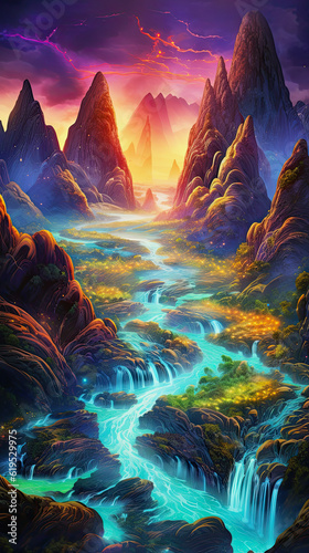 neon colored glowing fantasy landscape with mountains and waterfalls  vertical generative ai illustration