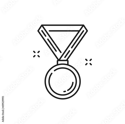 Sport medal on ribbon, line icon of champion winner trophy, vector prize. Golden, silver or bronze sport medal award or badge for victory, first place achievement or sport game medallion award