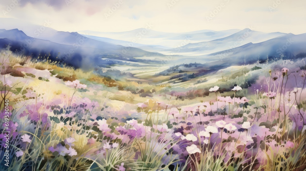 Rolling hills cloaked in heather and wildflowers form a patchwork quilt of hues, inviting wanderers to lose themselves in nature's embrace. Watercolor Painting. Generative AI Rolling hills cloaked in heather and wildflowers form a patchwork quilt of hues, inviting wanderers to lose themselves in nature's embrace. Watercolor Painting. Generative AI