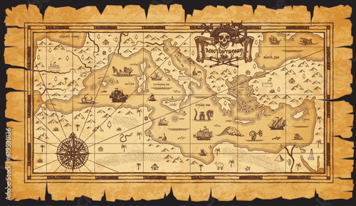 Old antique vintage map of Mediterranean Sea. Sea monster, compass wind rose and sail ship sketches. Vector fantasy islands, treasure chest and pirate skull, mountains, desert, castle, old parchment