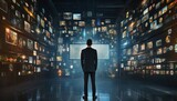 businessman standing in dark room with a lot of monitors, idea for big data analysis for business, Generative Ai