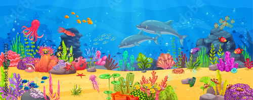 Photo Banner or arcade game level with sea underwater animals and seaweeds ocean landscape