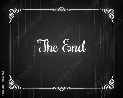 Silent movie cinema film end screen with vintage border. Cinema classic 30s backdrop, video studio frame or Hollywood silent movie end screen vector border. Cinematography industry vintage background