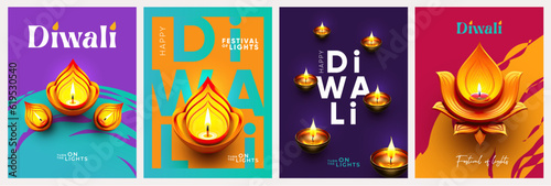 Diwali Hindu festival. Modern colorful design set with oil lamps, beautiful flowers of lights and modern typography. Holiday Happy Diwali templates for branding, card, banner, cover, flyer or poster