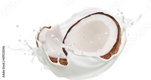 Realistic coconut milk drink and splash with splatters evoking a sense of tropical delight and indulgence. Isolated 3d vector coco nut halves with fresh white liquid flow captured mid-air in motion photo