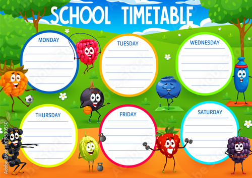 Timetable schedule, cartoon cheerful berry characters on summer meadow, vector education lessons plan. Funny strawberry or raspberry with blueberry in fitness or sport on kid school timetable schedule