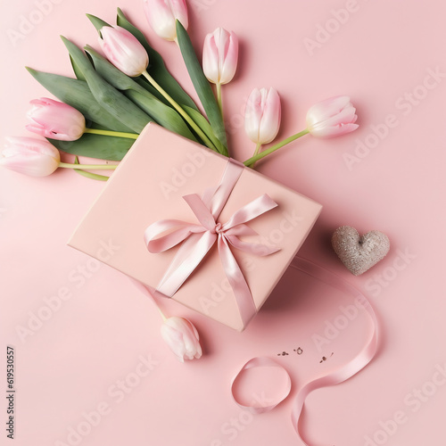 Gift box with pink tulips on pink background. Flat lay, top view