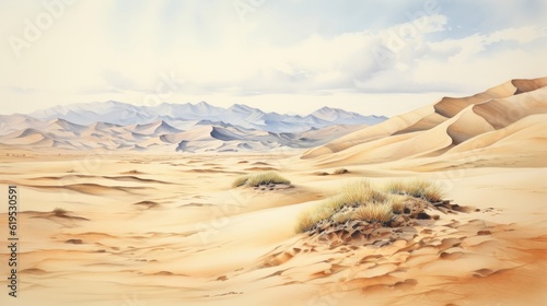 Timeless deserts stretch across vast expanses. Dunes sculpted by the wind into mesmerizing patterns that shift with the passage of time. Watercolor Painting. Generative AI