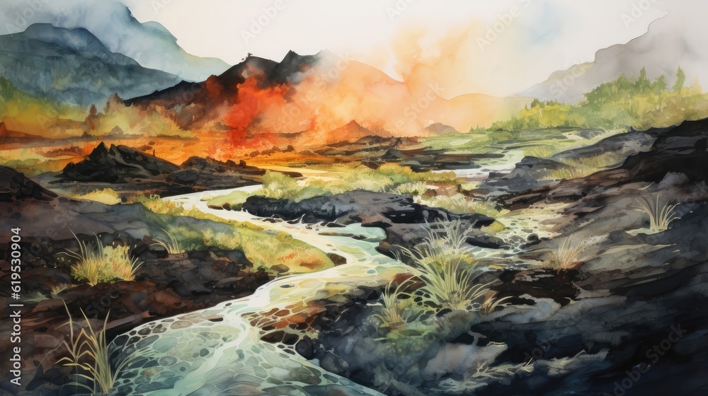 Volcanic landscapes reveal their fiery origins, rugged lava fields