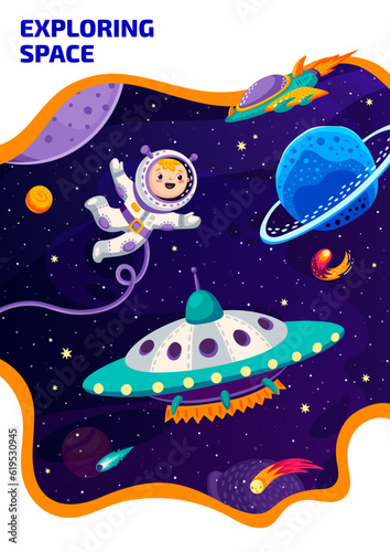 Space poster  cartoon kid astronaut and UFO in outer space  rocket and planets  vector background. Kid spaceman in galaxy world with alien spaceship  extraterrestrial space planets exploration