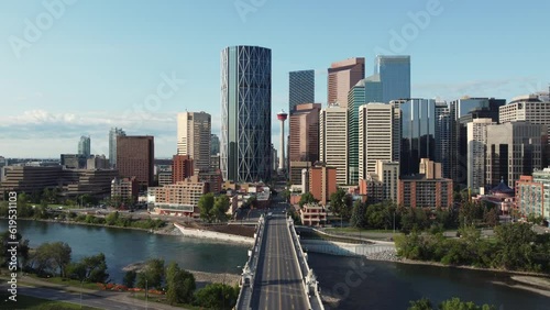 Aerial view of Calgary's urban city centre on a beautiful summer morning, 