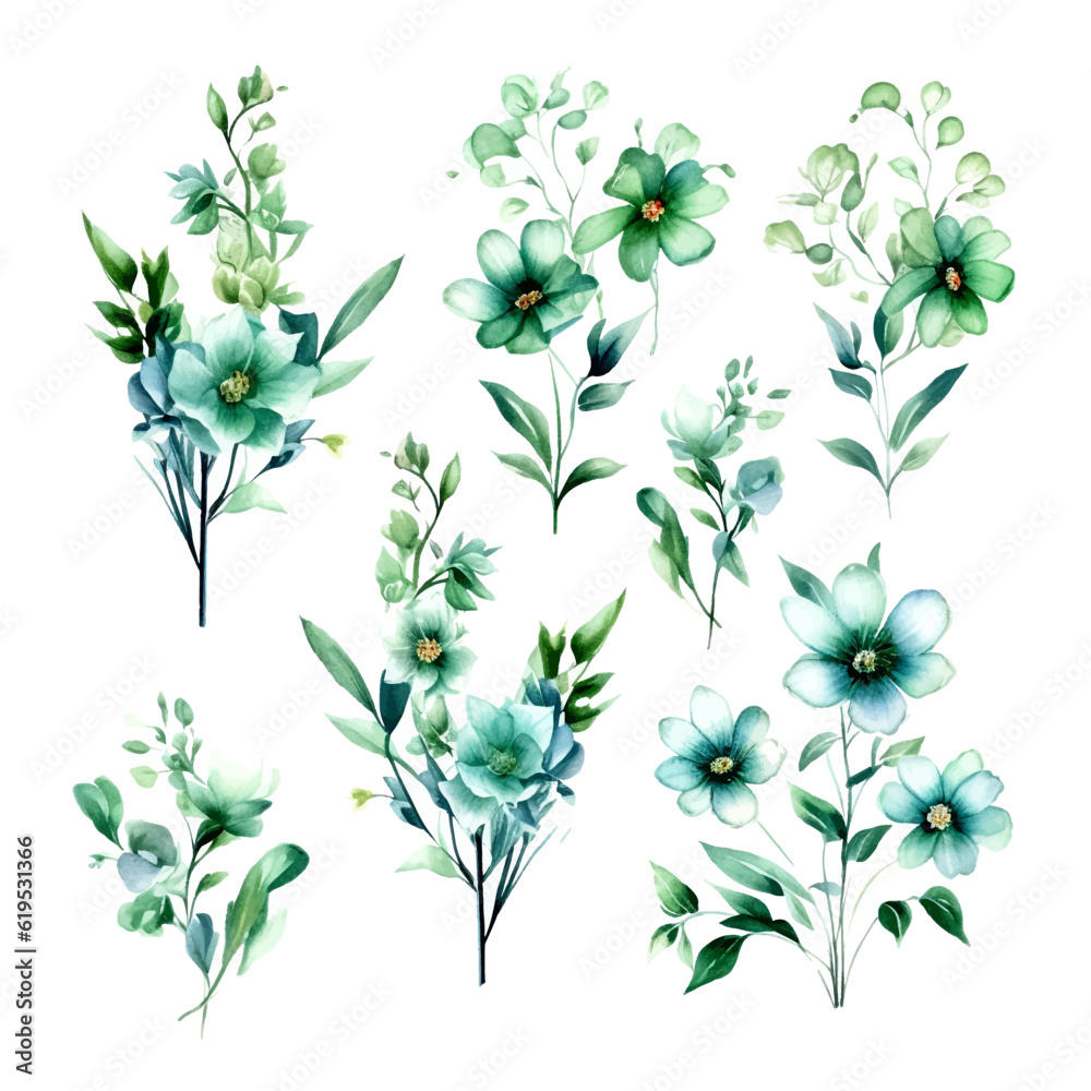 Green flowers set, flat vector illustration isolated on white background. Green floral plant decorative Green flowers set, flat vector illustration isolated on white background. Green floral plant decorative