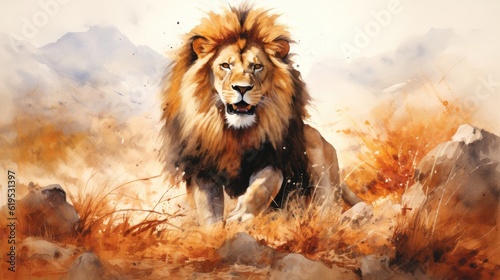 Majestic lion  with its golden mane and powerful roar  rules over the African savannah as the king of the jungle  symbolizing strength and leadership in nature. Generative AI