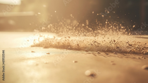 Dust particles sprayed by the wind. Sand on the ground or dust on the floor. Generative AI.