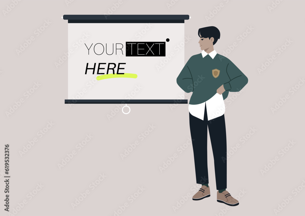 A young male Asian character pointing at a video projector screen, copy space, your text here A young male Asian character pointing at a video projector screen, copy space, your text here