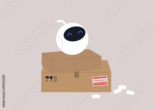 Delivery service, a cute round robot sitting on a stack of boxes with stickers