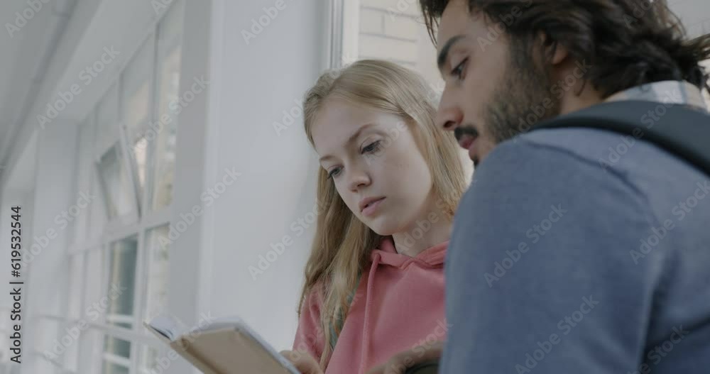 Man and women university students reading book and talking standing in hallway discussing literature. People and education concept. Man and women university students reading book and talking standing in hallway discussing literature. People and education concept.