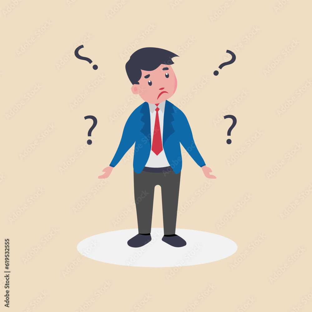 Confused businessman is thinking with question mark. Doubtful businessman thinking.Vector illustration.