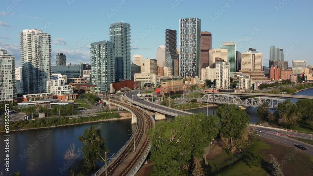 Aerial view of Calgary's urban city centre on a beautiful summer morning, Aerial view of Calgary's urban city centre on a beautiful summer morning,