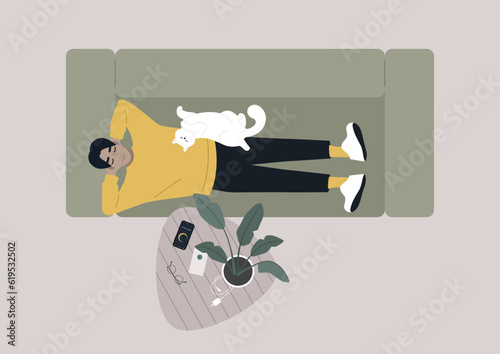 Day napping, A top view of a young relaxed character lying down on the sofa in the living room
