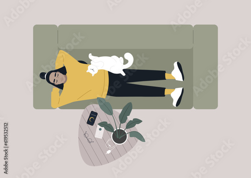 Day napping, A top view of a young relaxed character lying down on the sofa in the living room