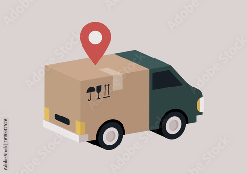 Delivery service, a truck loaded with a huge cardboard box