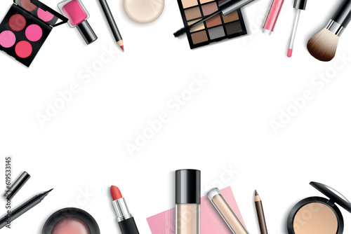 Vector make-up background with space for your text and cosmetic tools on white background from top view