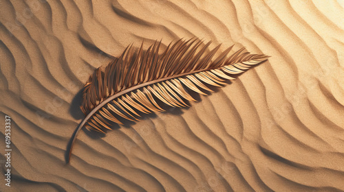 Plam leaf on the tropical beach sand. Vacation and relaxation concept with dry palm leaf on the hot summer beach. Generated AI. © swillklitch