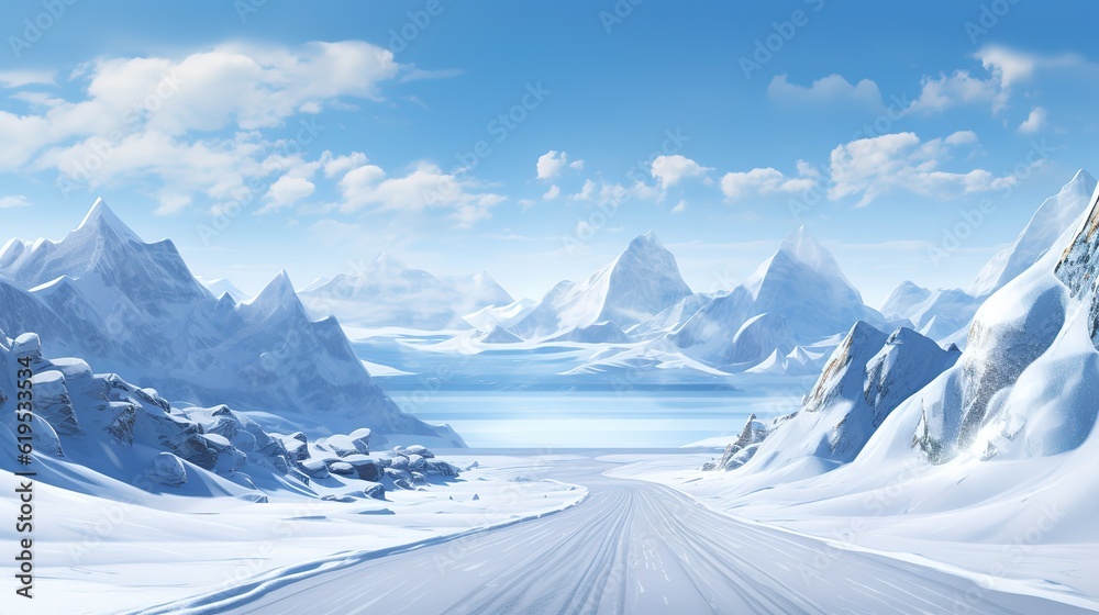 Ads for a snow covered road. a snow covered road with isolated mountains - obrazy, fototapety, plakaty 