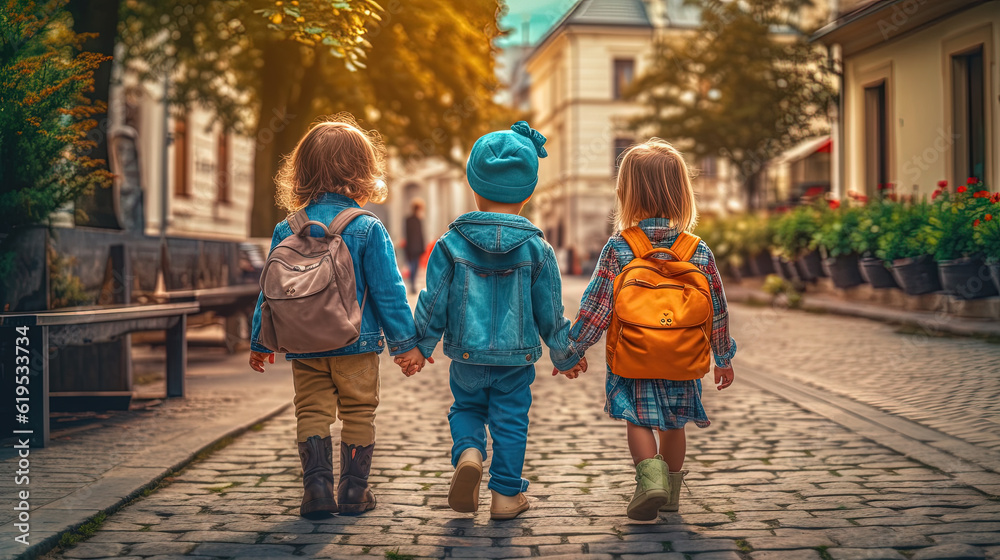 Children walking back home from school with backpacks. Generated AI.