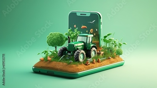 The concept of smart farming, a tractor on a smartphone, advertising online management of the company