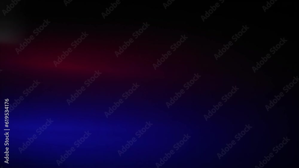 Two stripes of red and blue light leaks on lens from flashing lights strobe randomly against black background for overlay effect.