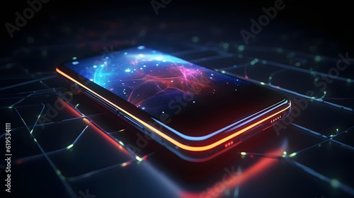 High technology smart phone with neon light demonstrate for new technology for Ai Generative.  