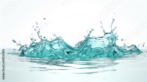 Blue water splash on white background. Liquid drips scattered. Generated AI.