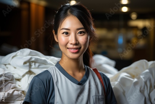 Asian cleaning staff Put messy dirty clothes in the basket for housework or hotel work.