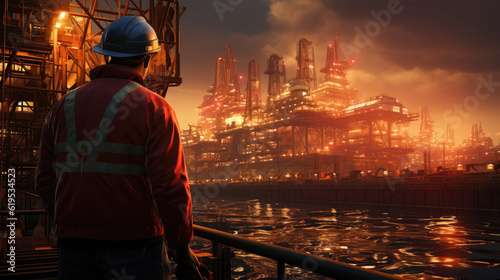 The engineer at an oil rig construction site is a highly skilled professional responsible for overseeing the technical aspects of the project,ai generative.