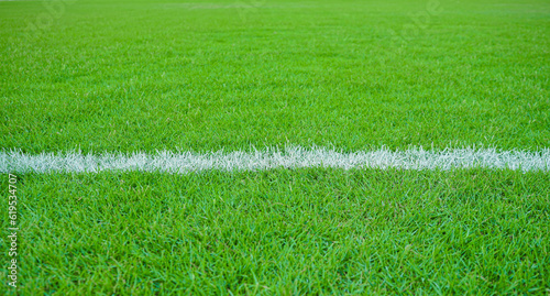 White lines on a horizontal green grass in a soccer field. Close-up of white stripes made in green grass at football stadium for background or texture
