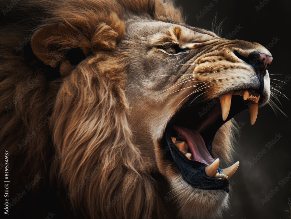 Majestic Power: Lion Roaring with Wide-Open Jaws - Fierce Dominance and Raw Strength - Generative AI