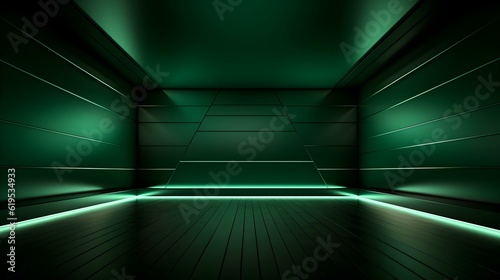 Empty geometrical Room in Forest Green Colors with beautiful Lighting. Futuristic Background for Product Presentation.