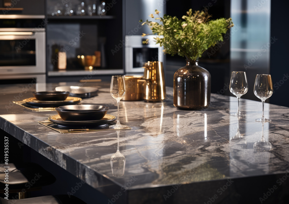 A modern kitchen room with a large, sleek marble table top counters