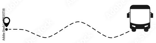 Bus route with location pin. Public transport silhouette driving on dotted path. Journey and travel concept. Vector illustration isolated on white.