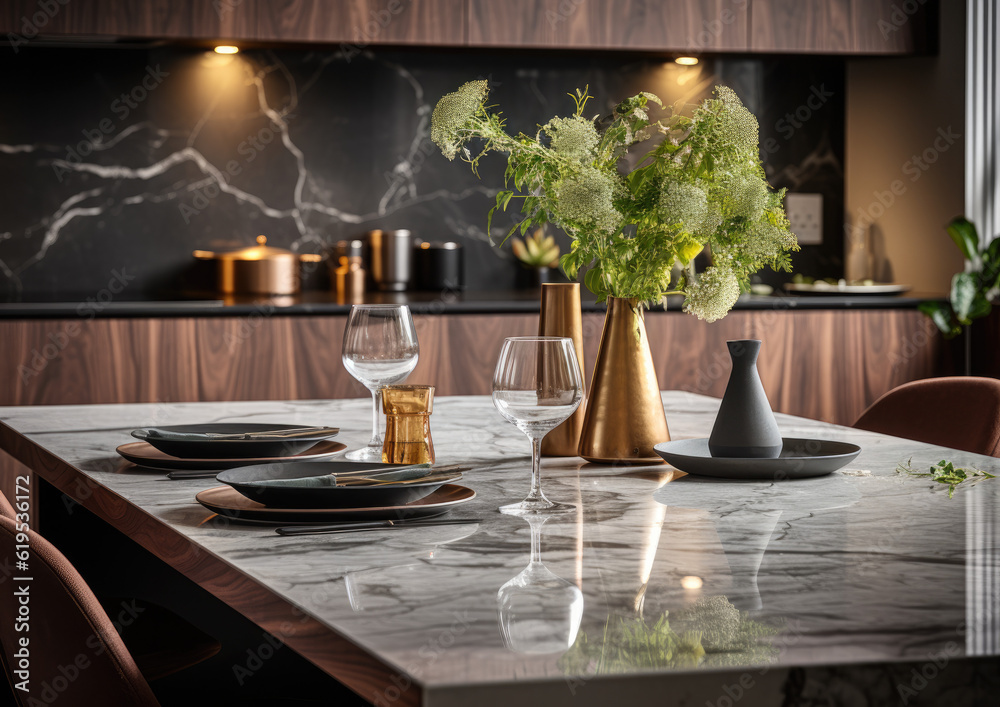 A modern kitchen room with a large, sleek marble table top counters