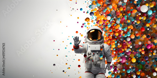 Holiday banner with a cheerful astronaut and colorful ball on a white background with space for text, astronaut congratulates, copy space, generated ai