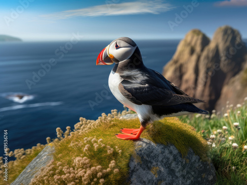Atlantic puffin bird standing on the rock over the sea
