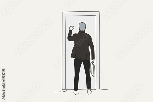 Colorful illustration of a business man knocking on the door. Work obstacle one-line drawing