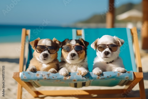 very cute dogs relaxing on the beach lounge chairs © Brijesh
