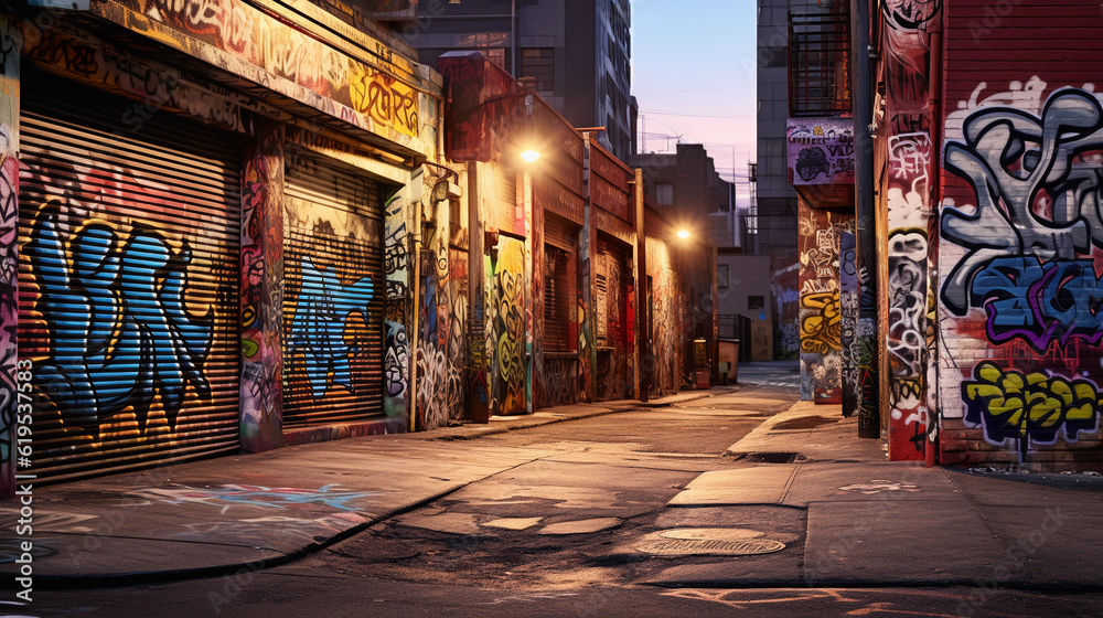 A gritty city street bathed in the evening's soft amber light, richly decorated with vibrant graffiti murals. Photorealistic, spray paint art, multi - colored, chaotic yet expressive